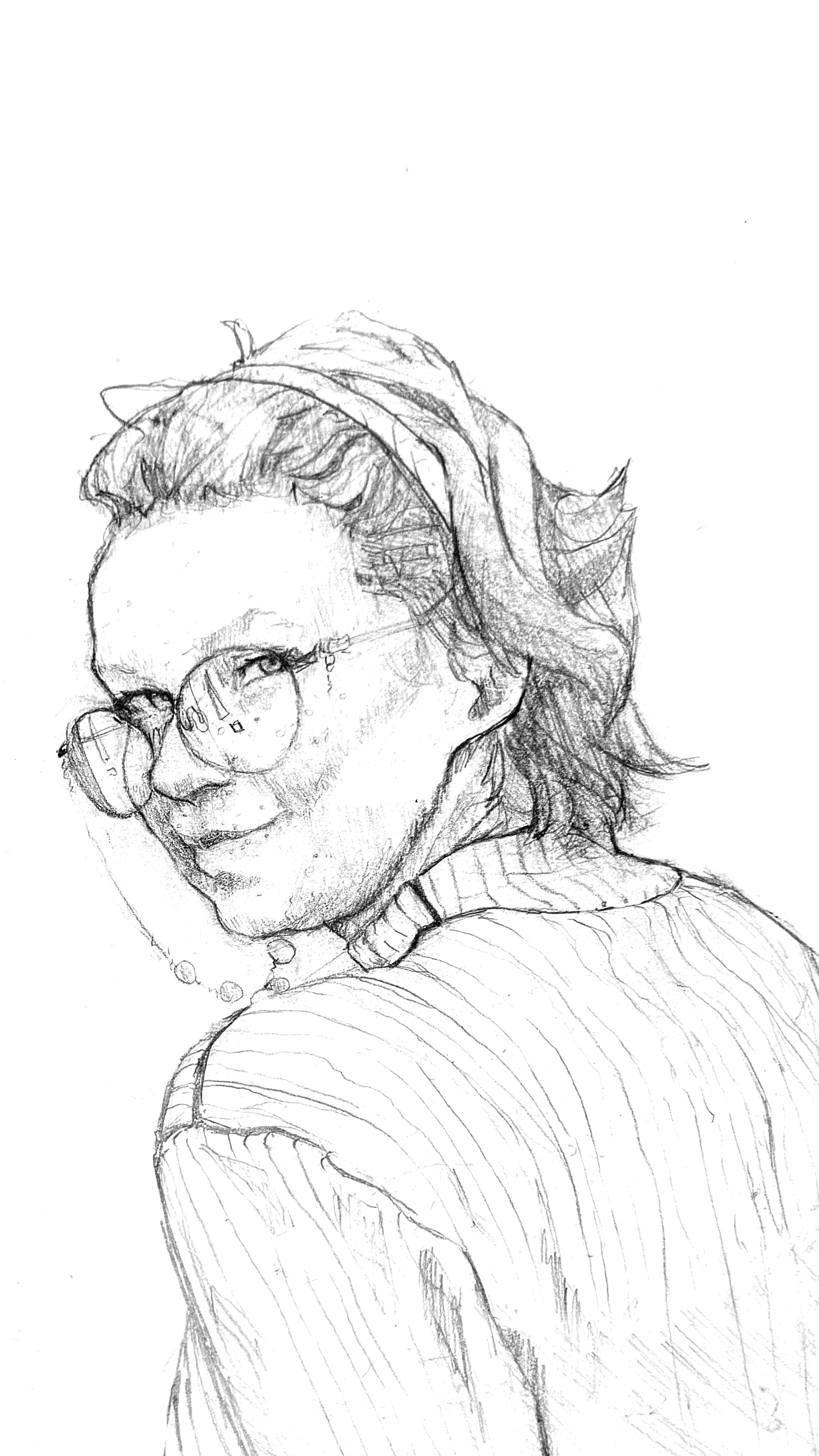 Pencil sketch of a person with glasses, turning to look back. They wear a headband and collared shirt. The expression is thoughtful and calm.